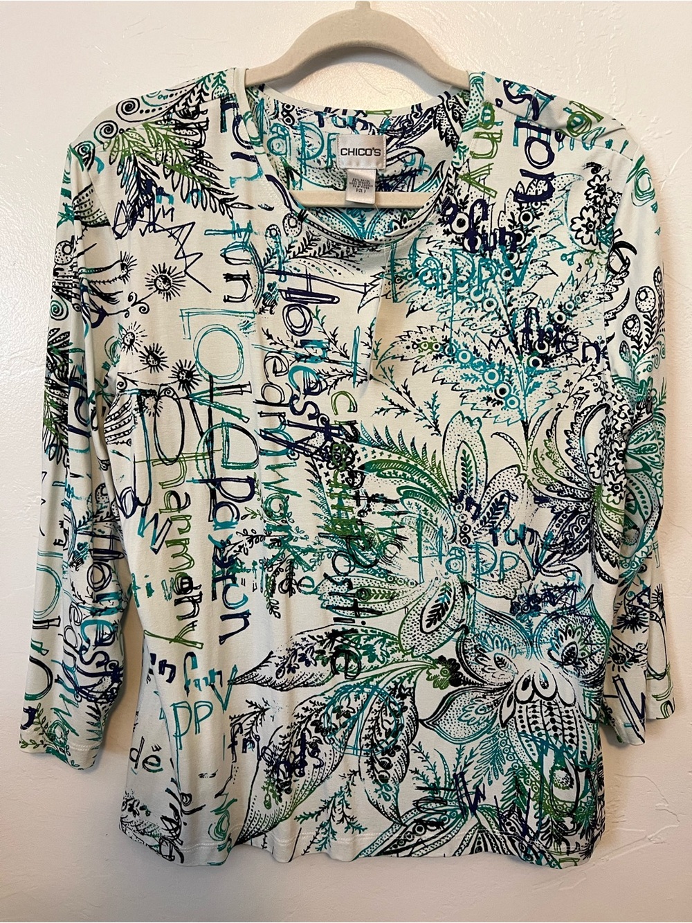 NWT Chico's "Wearable Art" spoken word tunic Top Chicks Size 3
